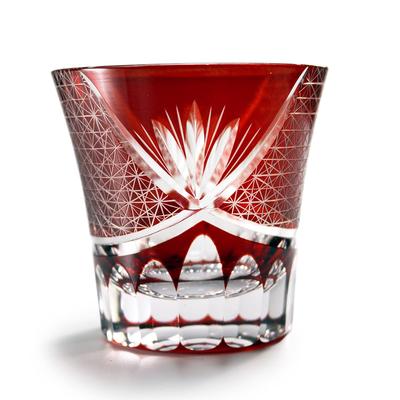 GREEM MARKET Crafts with Wooden Box Glasswork Kiriko Glass Cup Shochu Glass Chrysanthemum Tsunagi Pattern Kiriko Glass Product GMS00763 Number (Red)