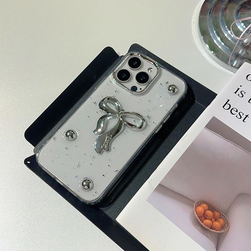 Applicable Iphone17Promax Silver Bead Silver Foil Mobile Phone Case Apple 16 Epoxy Transparent Wind Bow 15