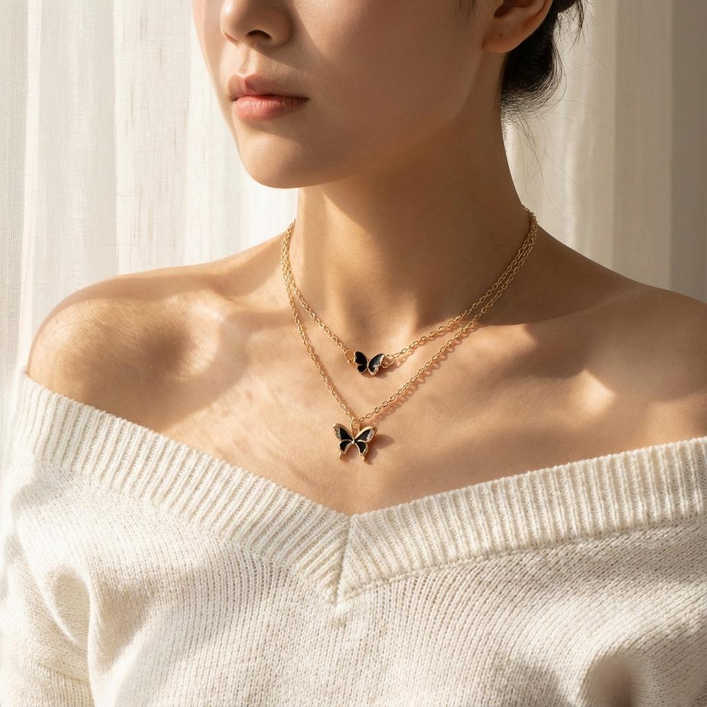 Exquisite and Luxurious Butterfly Pendant Necklace and Bracelet Set, Unique High-End Oil-Drip Earrings