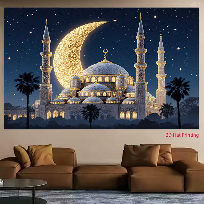 2D Eid Mubarak Mosque Banner, Golden Crescent Moon and Stars