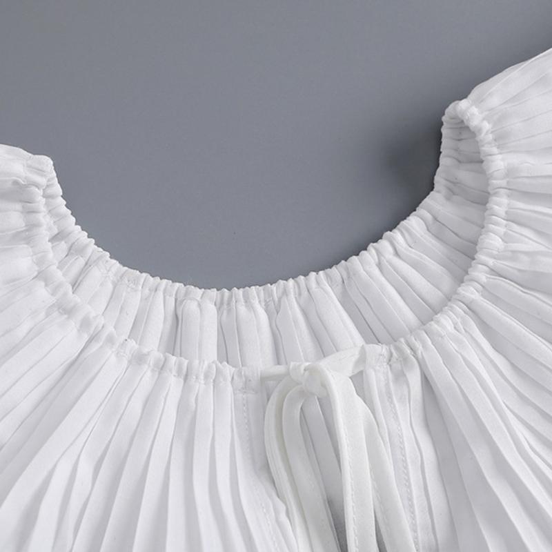Korean Style Women Double Layer Pleated False Collar Shawl Scalloped Lace Trim White Half Shirt Lace-Up Poncho Capelet
