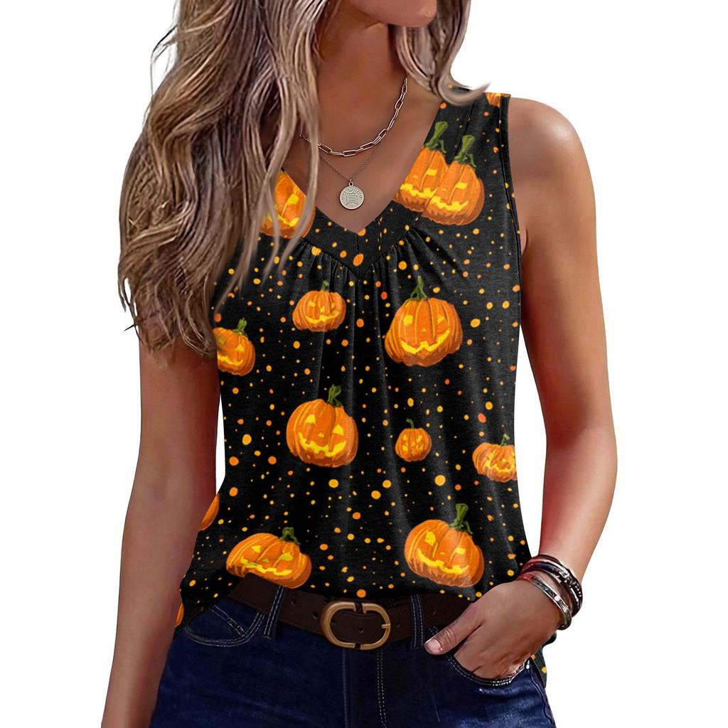 Women Sleeveless V Neck Halloween Pumpkin Print Casual Loose Fit Tank Top Lightweight Pullover Vest for Holiday Party Daily Wear