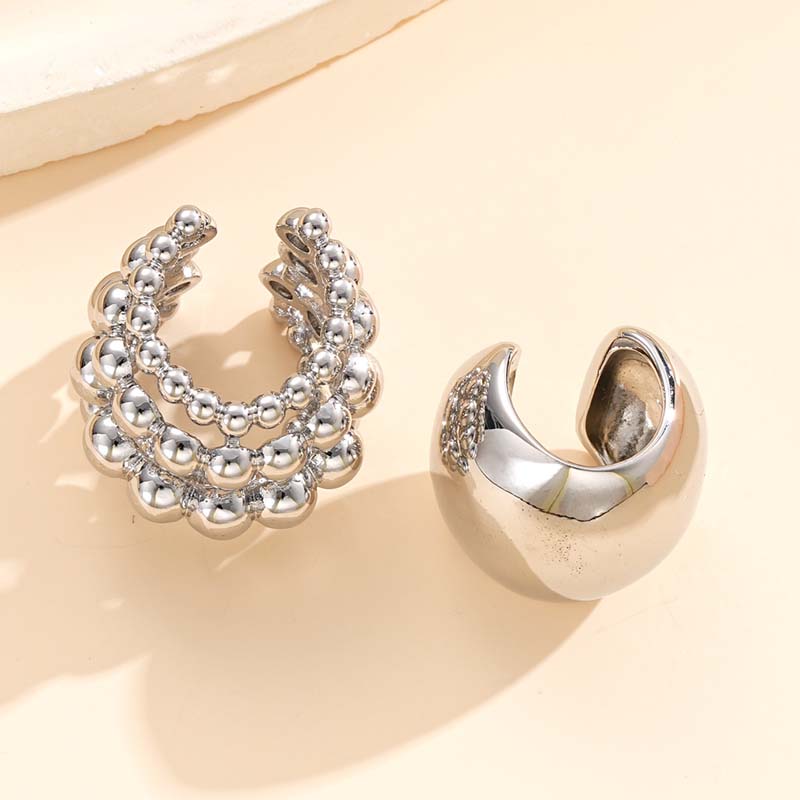 Exaggerated Metal Wide Clip Earrings Set For Women Simple Silver Color C-Shaped Half Circle Beaded Ear Cuff Jewelry Gift