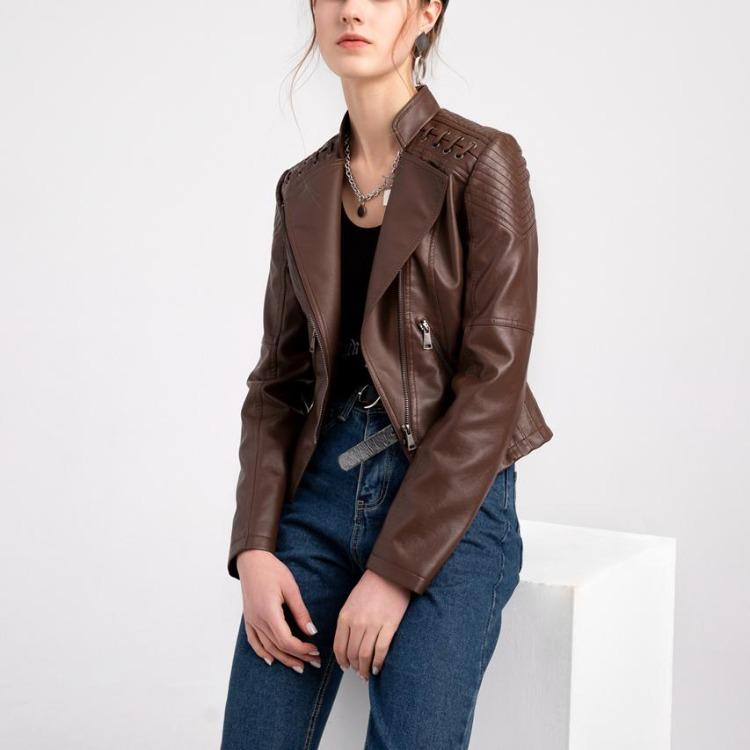 Stylish Women Faux Leather Moto Jacket Retro Lacing Detail PU Biker Coat Casual Zip Up Outerwear Slim Fit Short Classic Plus Size S-4XL