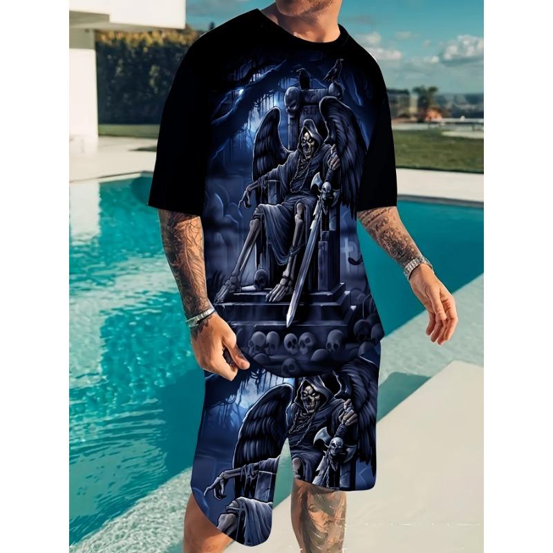 

Summer men s sports 2-piece set, 3D printed skull pattern T-shirt + sports shorts matching set XL