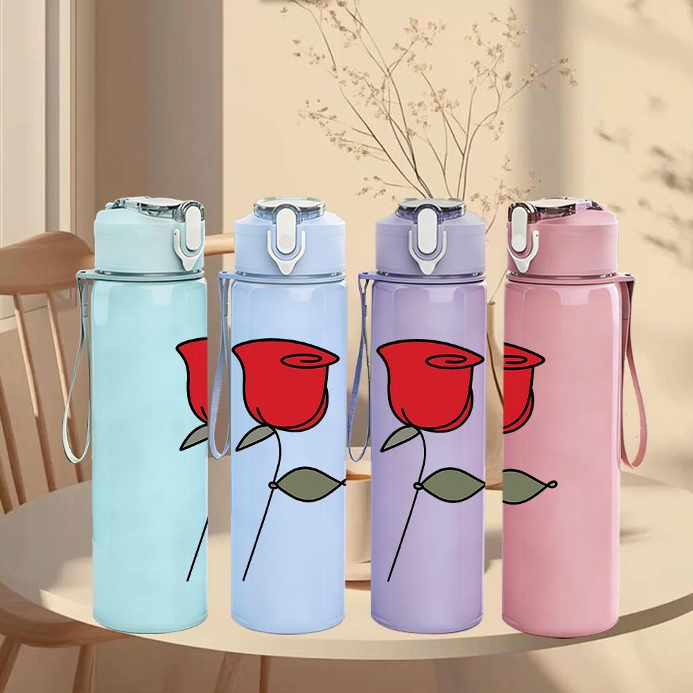 1PC Single Red Rose Line Drawing 750ml Color Plastic Sports Water Bottle Leakproof Flip Straw Lid Suitable for Sports Office Home Use