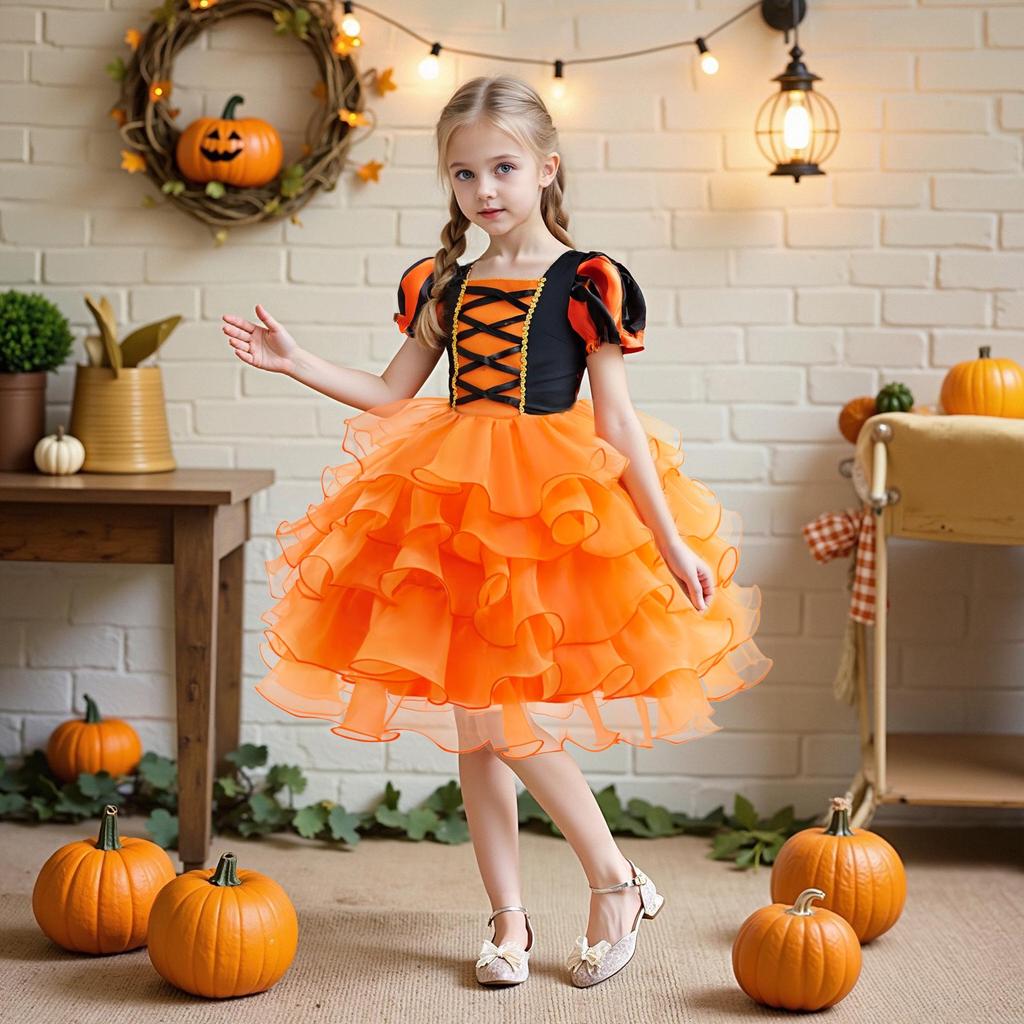 New Girls' Halloween Puff Sleeve Mesh Dress Costume