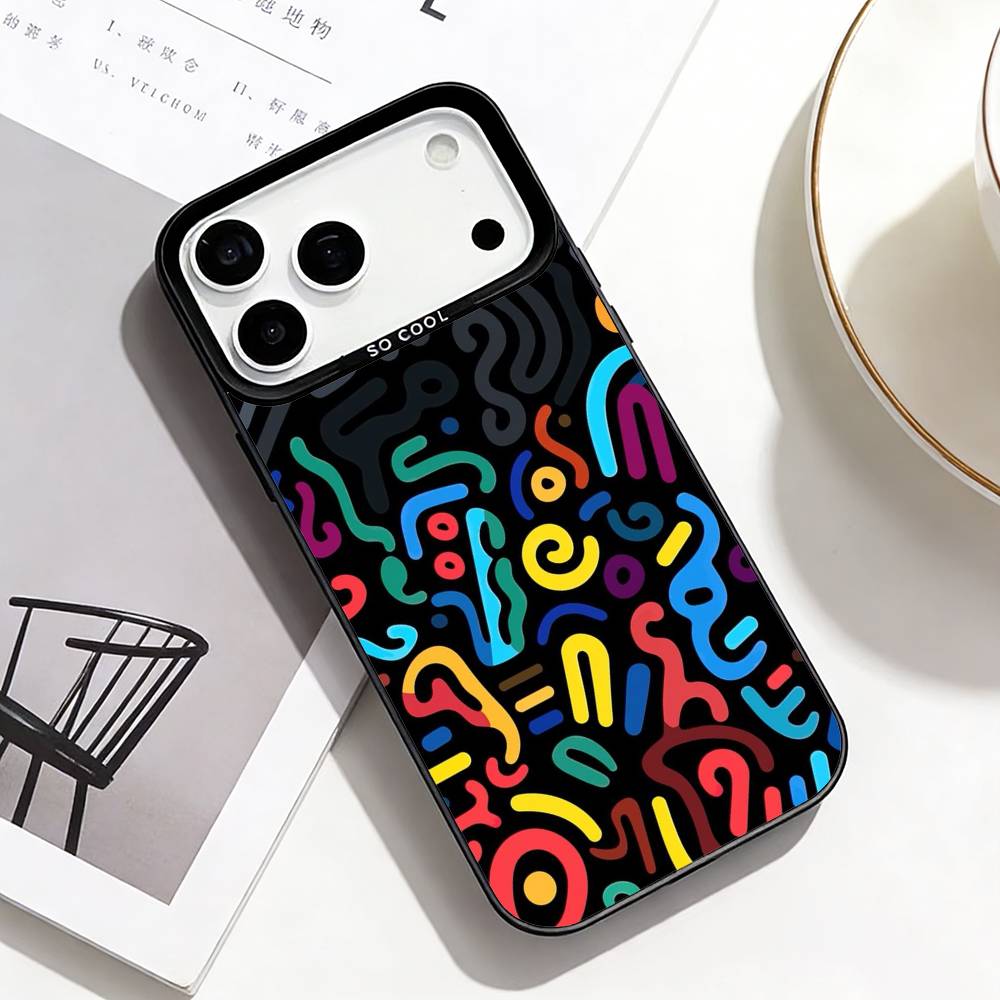 Trendige Abstrakte Handyhülle Für iPhone17,16,15,14,13,12,Pro Max Schwarz Bunt Handyhülle