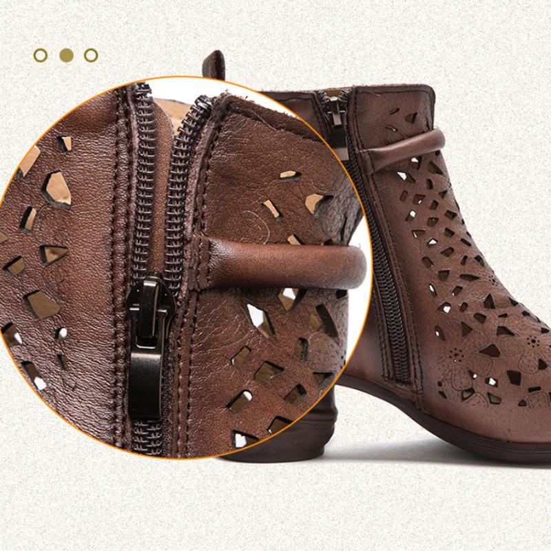 Johnature Retro Prodyšné Holínky Letní Sandály Móda z pravé kůže Dámská obuv na vysokém podpatku