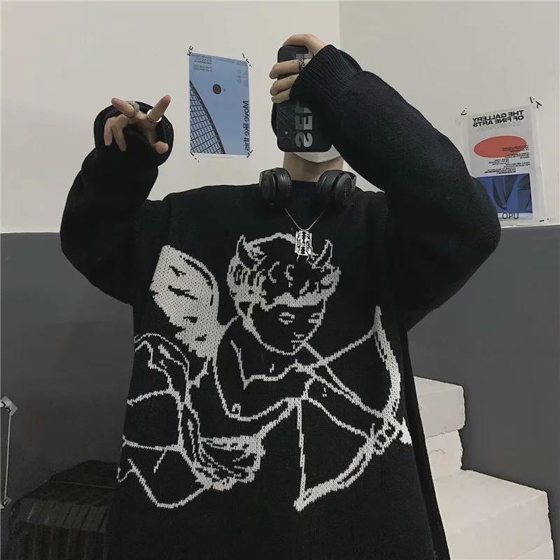 Trendy Couples' Korean-Style Angel Jacquard Knitted Sweater - Unisex Autumn/Winter Round Neck Top