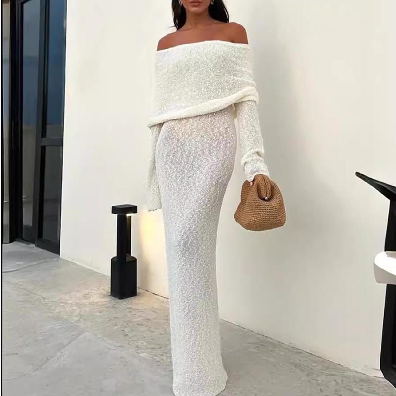 2025 European & American Long Sleeve Off-the-Shoulder Beach Dress