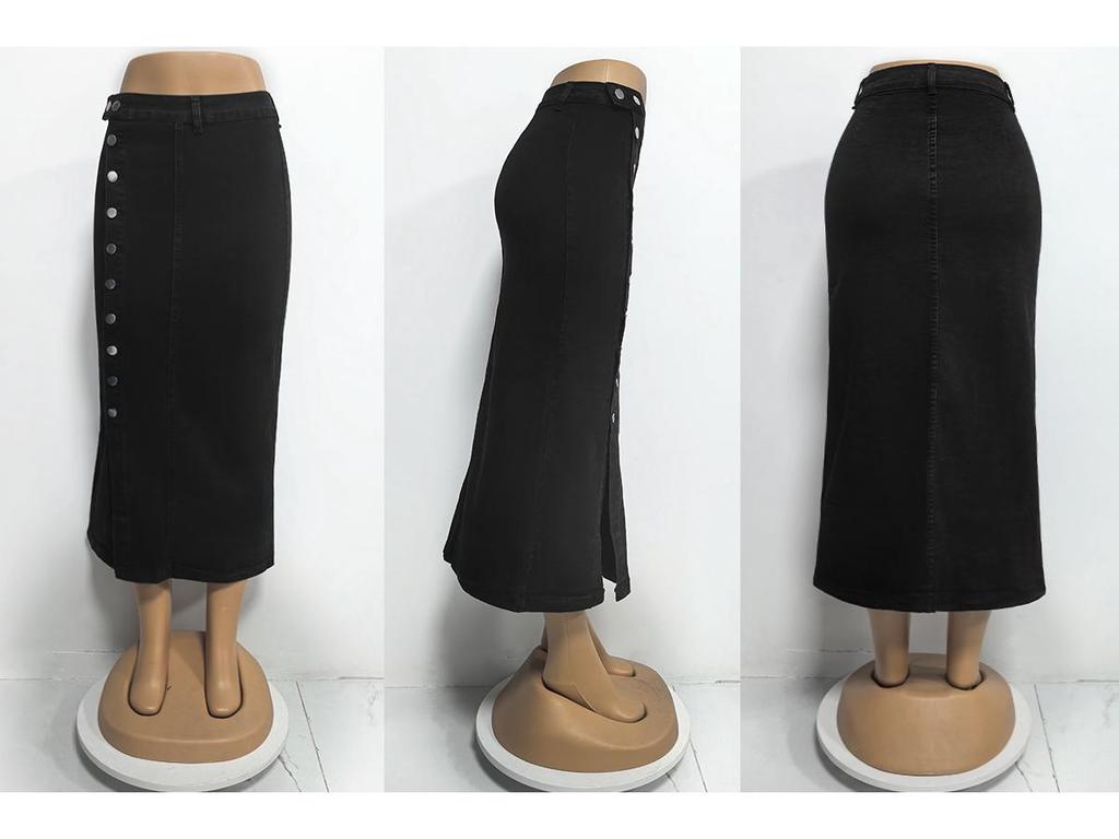 High Waist Sexy Slim Fit Denim Skirt with Button Slit for Women