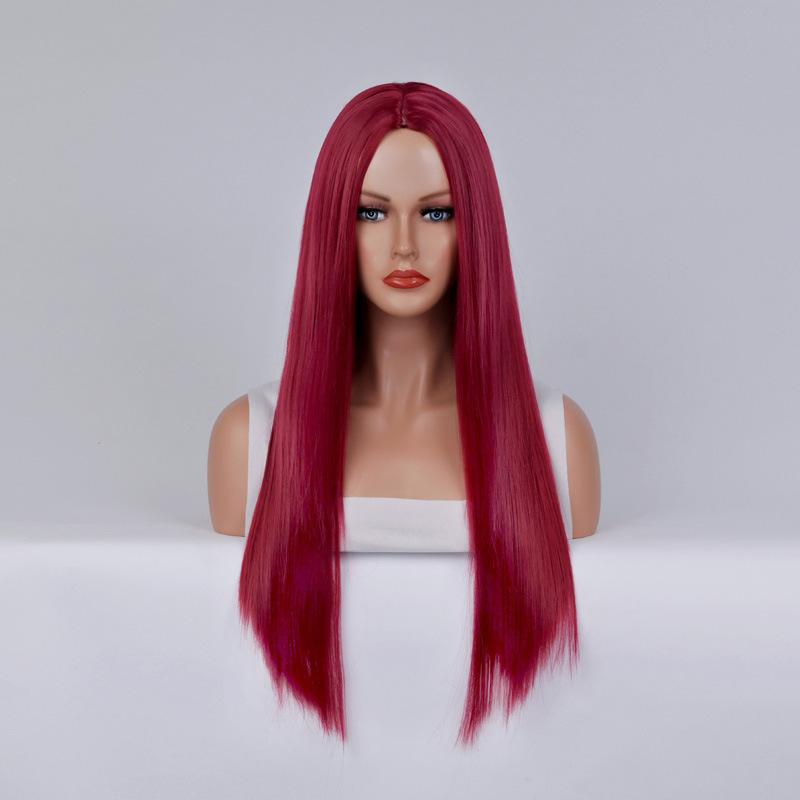 Long Straight Cosplay Wig with Middle Part Woman Anime Ombre Hallowmas Lolita Synthetic Wig Pink  Red Heat Resistant Hair