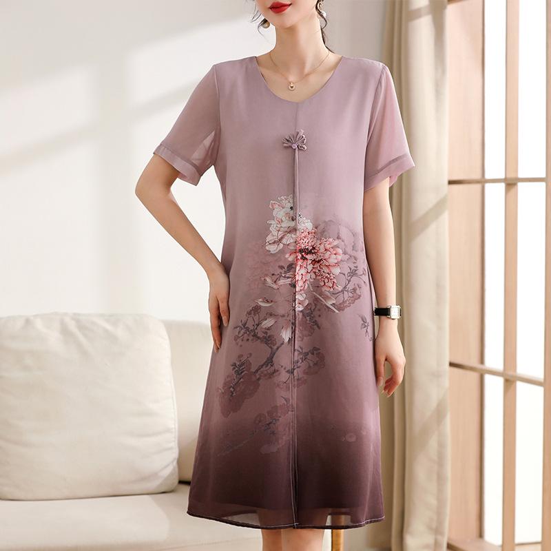 

Elegant Chiffon Qipao Dress for Middle-Aged Women - Stylish Mid-Length Summer Design 2X Large синій