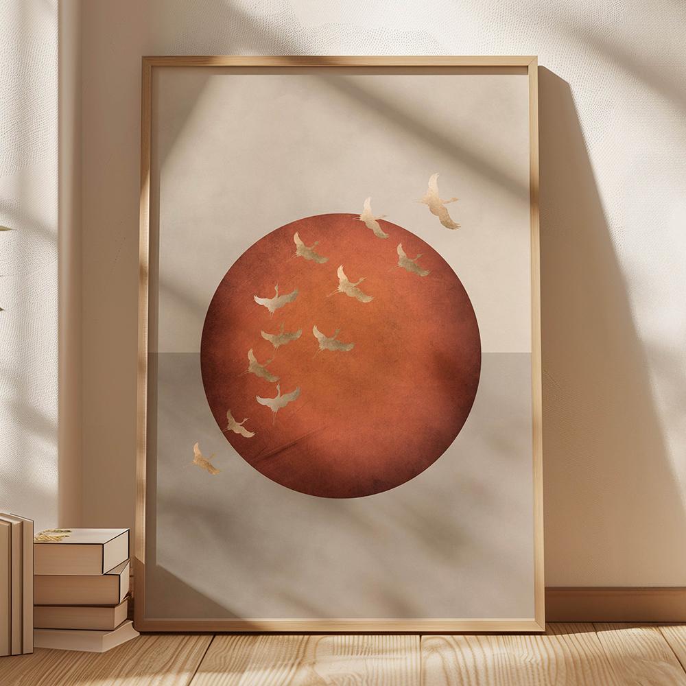 Salbeigrün Gold Japandi Kunstdruck Fliegende Vögel Wandkunst Abstrakte Sonnenkunst Wohnzimmerdeko Japanische Wandkunst Schlafzimmerdeko Geschenk