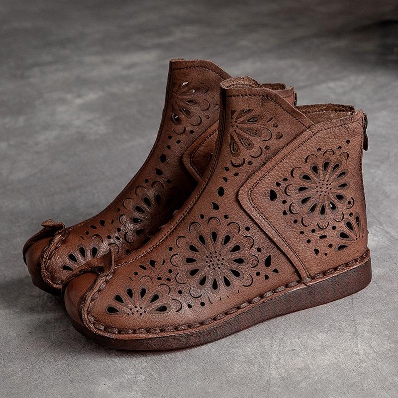 Johnature Summer Sandals Genuine Leather Retro Breathable Hollow-out Boots Handmade Women Clogs Flats Shoes