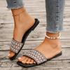 Foreign Trade Flat-bottomed Slippers Women's 2025 Summer New Pearl Rhinestone Outer Wear Square Head Fashion Casual Women's Sandals