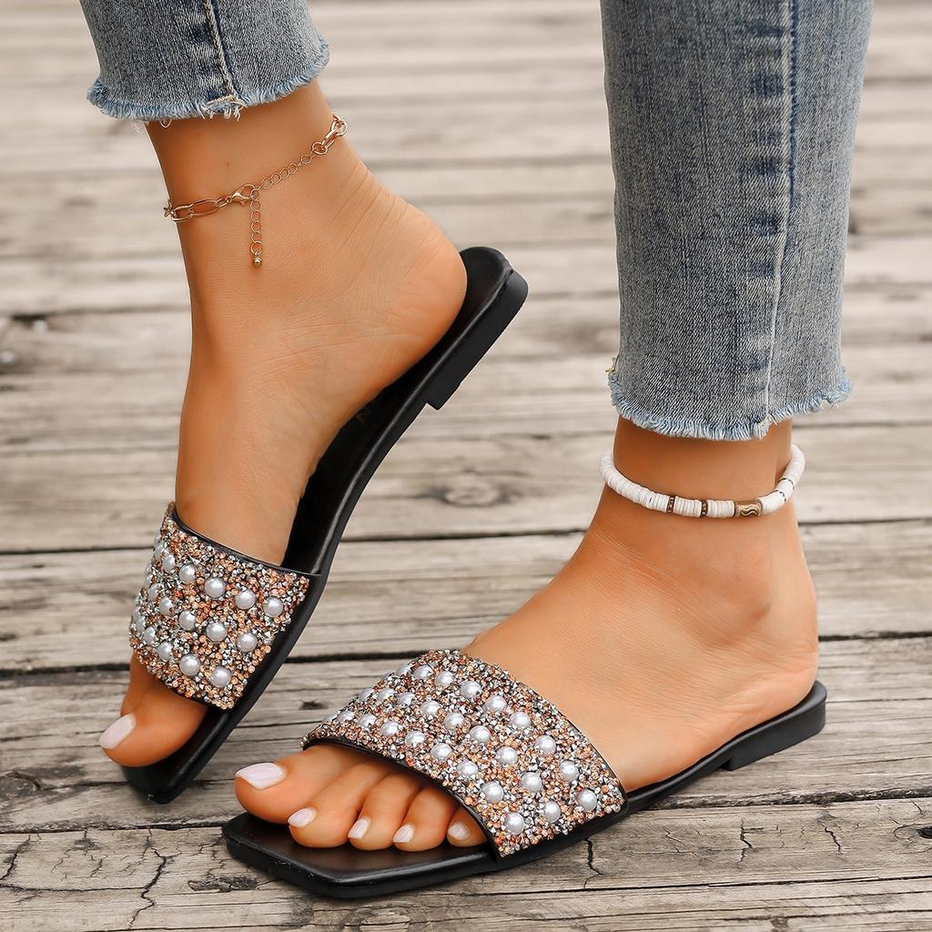 Foreign Trade Flat-bottomed Slippers Women's 2025 Summer New Pearl Rhinestone Outer Wear Square Head Fashion Casual Women's Sandals
