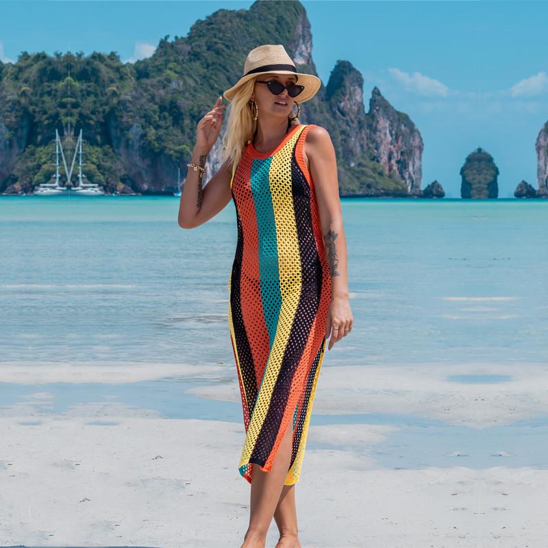 New Vintage Colorful Knit Bikini Cover Up Sexy Knit Cutout Side Slit Tank Top Long Dress Women Beach Swimwear Cover Up Q1403