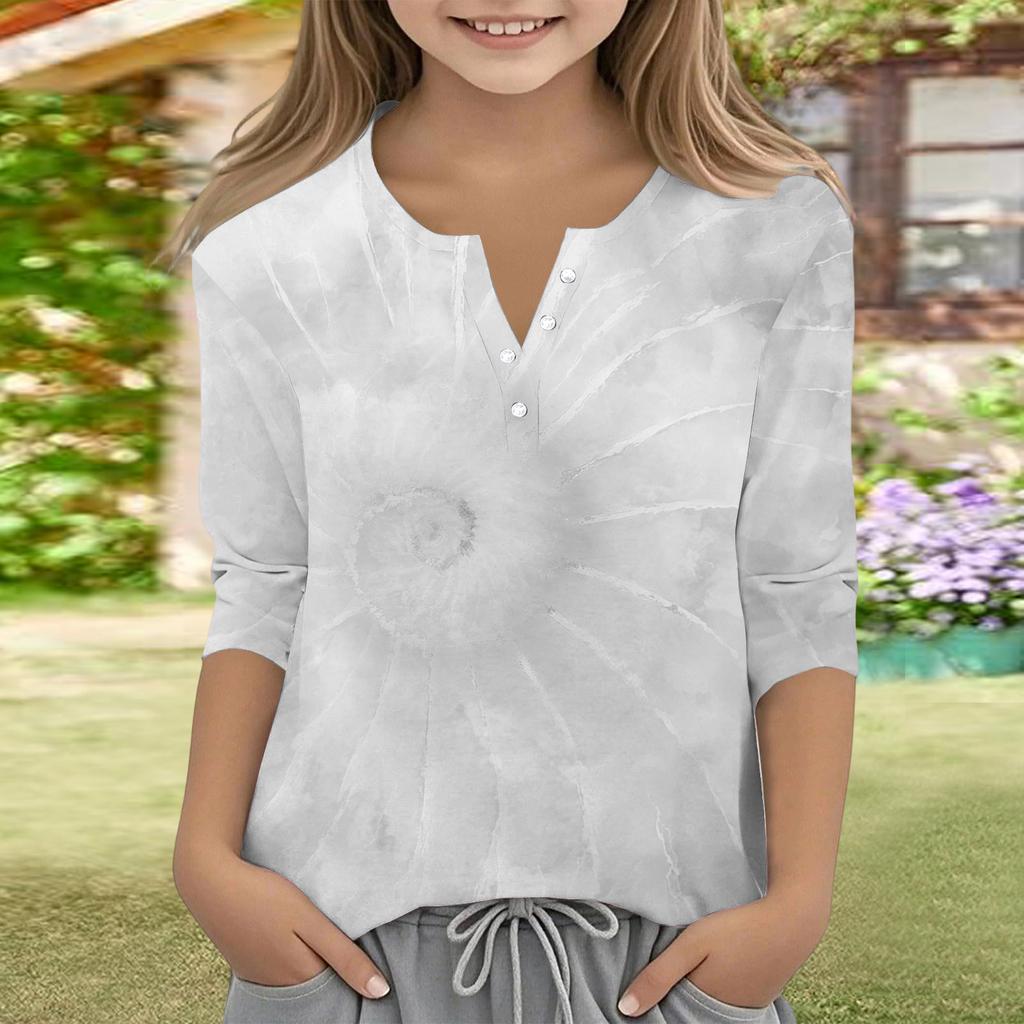 Print Tops For Youth Girls V Neck Button 3/4 Sleeves T-Shirts Trendy Tops Outfit Tees