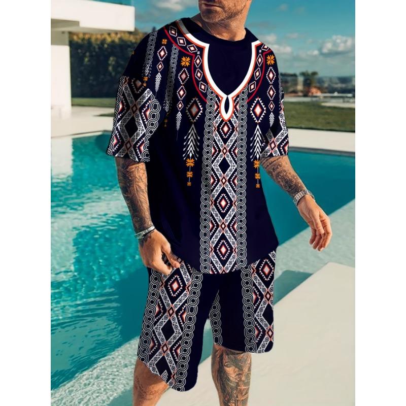 

Мужской летний комплект: футболка с графическим принтом в этническом стиле и шорты S