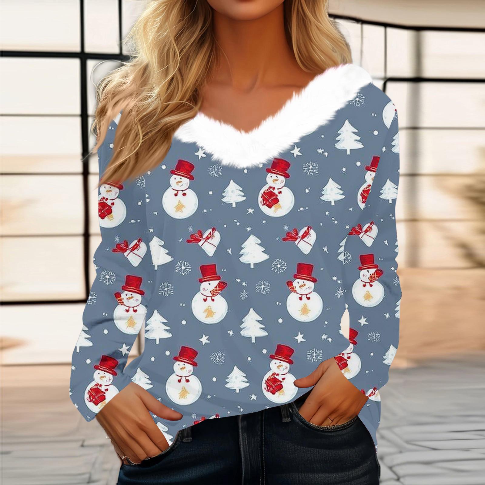 

Женский модный рождественский топ с длинным рукавом, V-образным вырезом и принтом для вечеринки, с меховой отделкой S