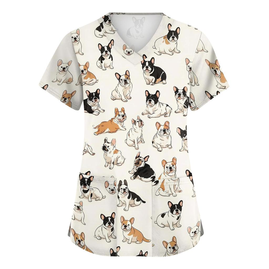 Ladies V Neck Short Sleeve Work Top with Side Slits and Pockets Animal Print Pattern Medical Scrub Shirt for Healthcare Professionals