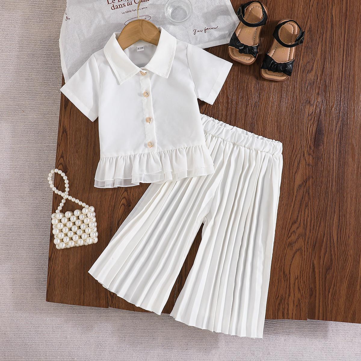 2PCS  Girl Ruffle Hem Shirt + Pleated Wide-Leg Pants Set, Button-Down Collared Top, Summer Outfit 4Y-7Y 4Y платиновый