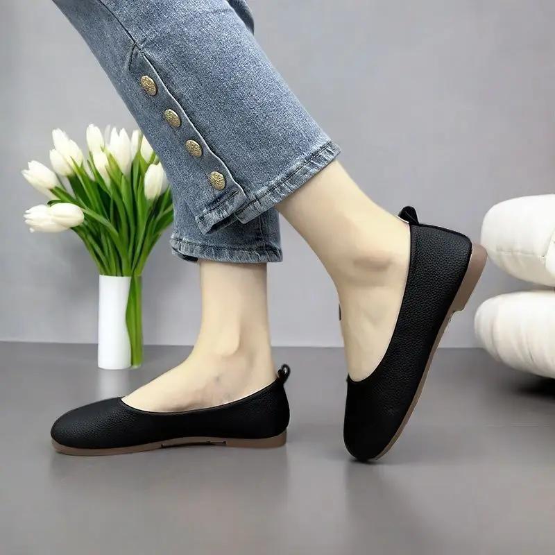 Fashion Leather Casual Women's Flat Shoes Round Toe With Heel Formal Chic and Elegant Slip On Point Popular 2025 Summer Ladies Footwear