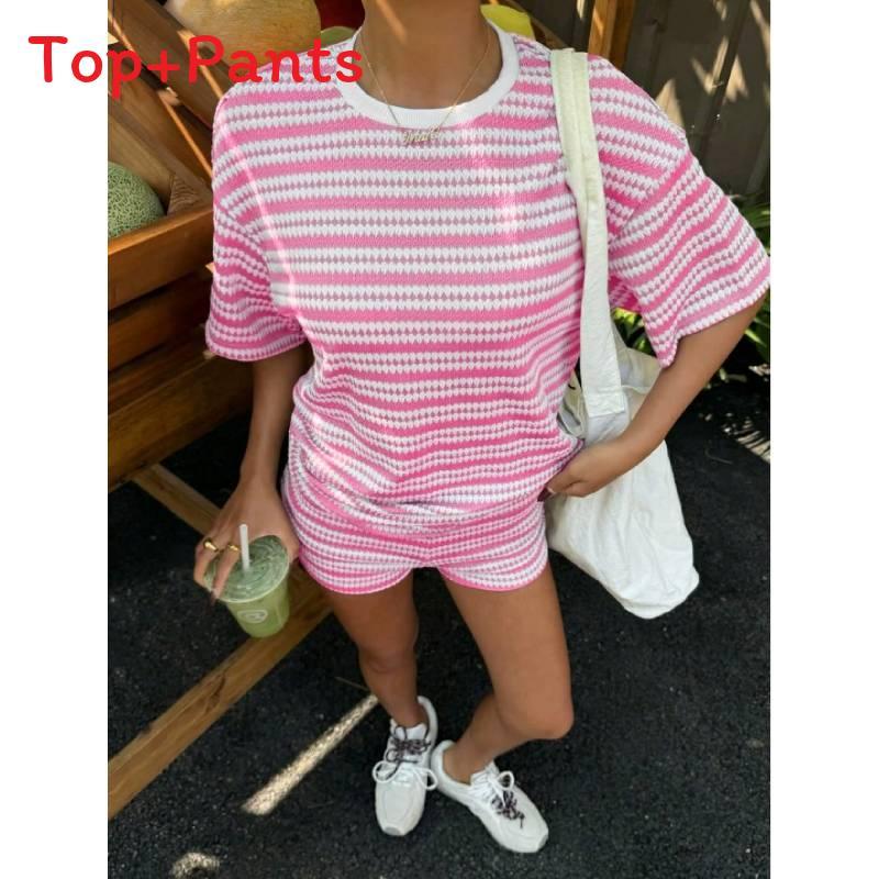 Summer Casual Striped Short Sleeve Tshirt And Shorts Lounge Set For Women