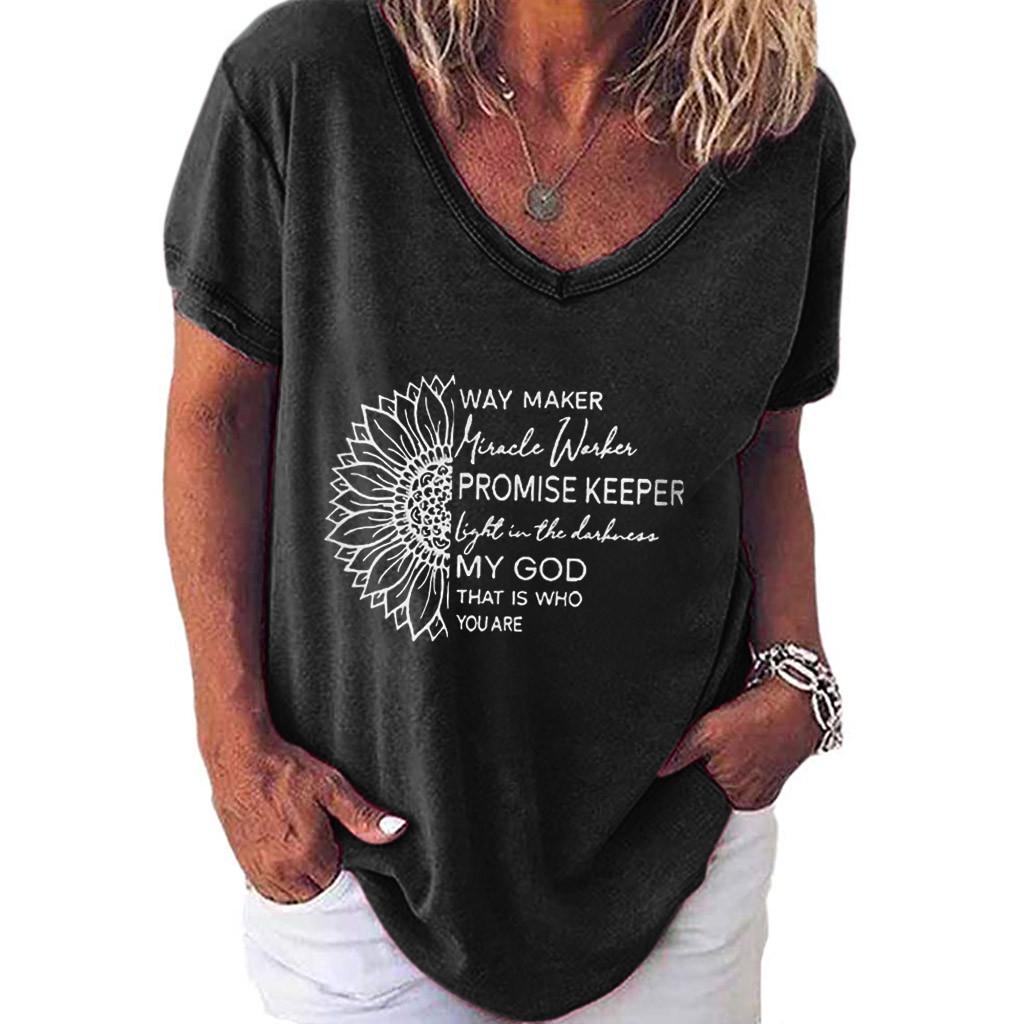 Womens Casual V Neck T-shirt Short Sleeve Letter Print Blouse Tops