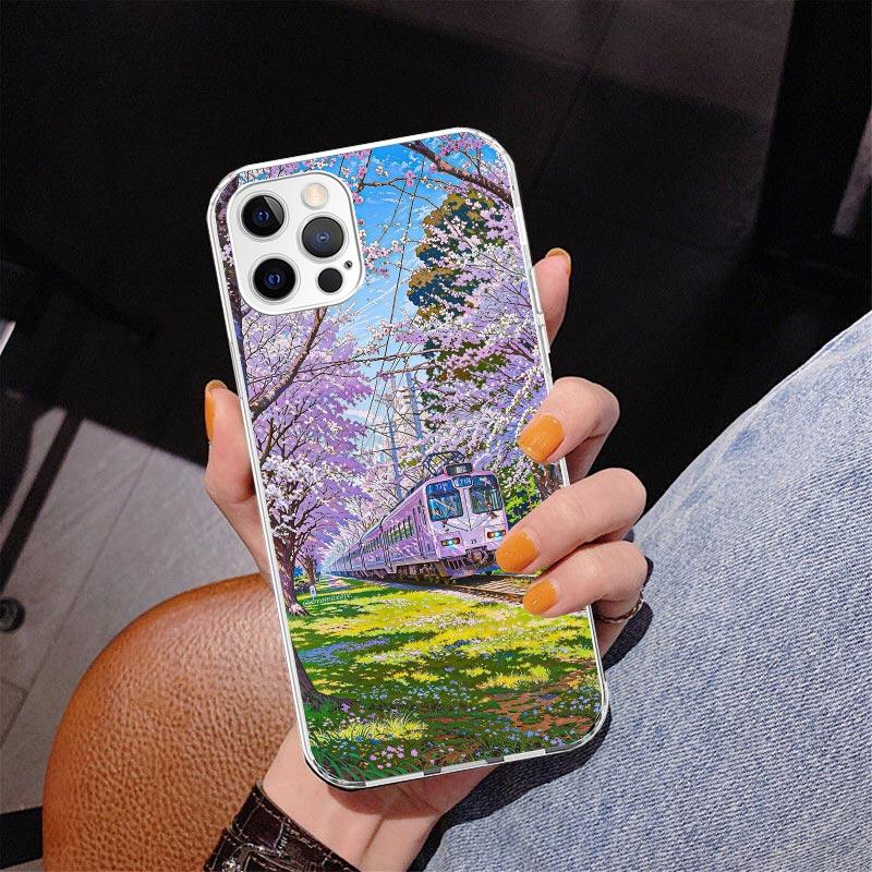 

Retro Japanese Sakura Train Phone Case For iPhone 17 Air 16 Pro Max 16E 15 + 14 Plus 11 12 13 Mini 7 8 SE Gift Print Cover Funda iPhone 13 Mini