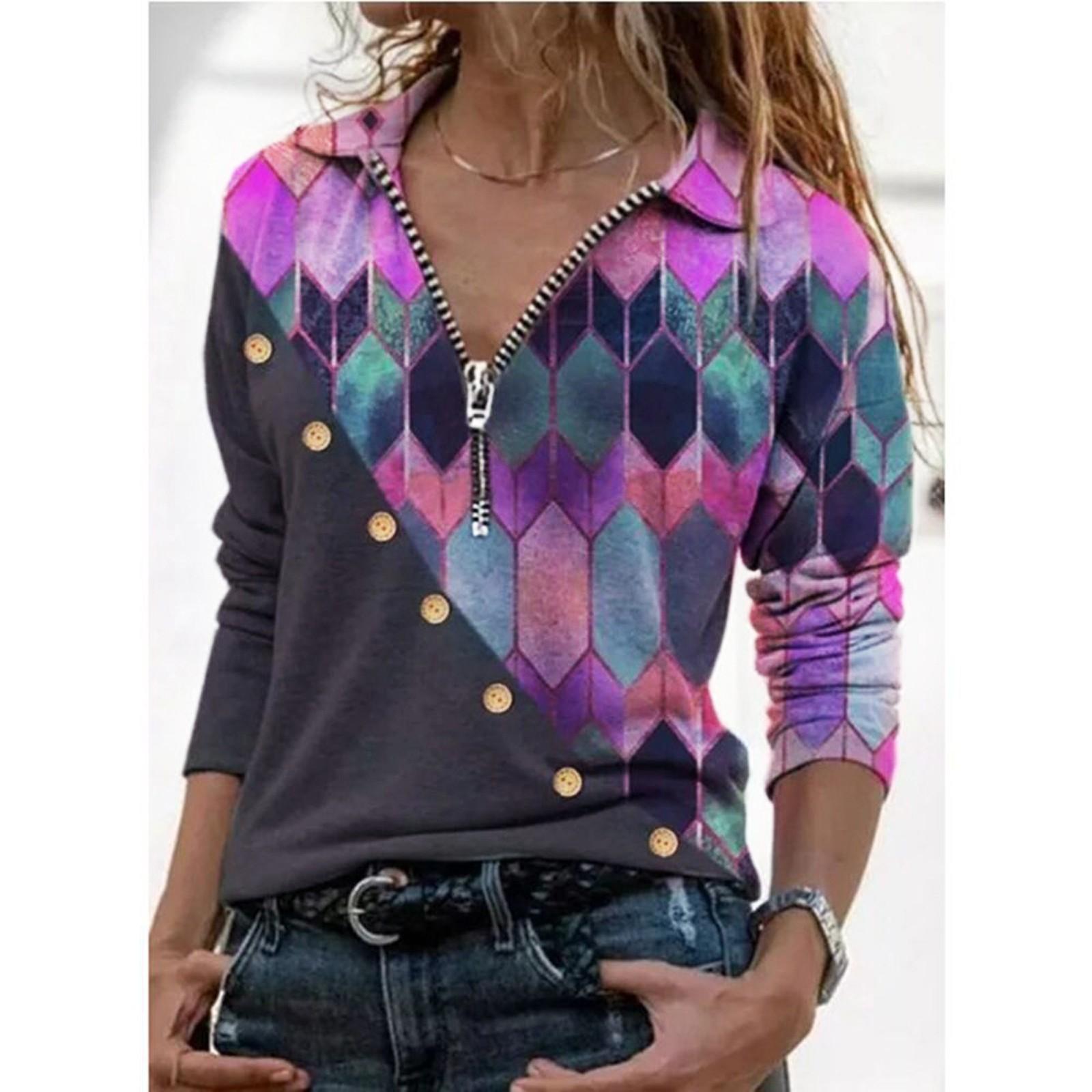 

Женские рубашки с принтом на пуговицах, топы с отложным воротником, модная футболка M фиолетовый