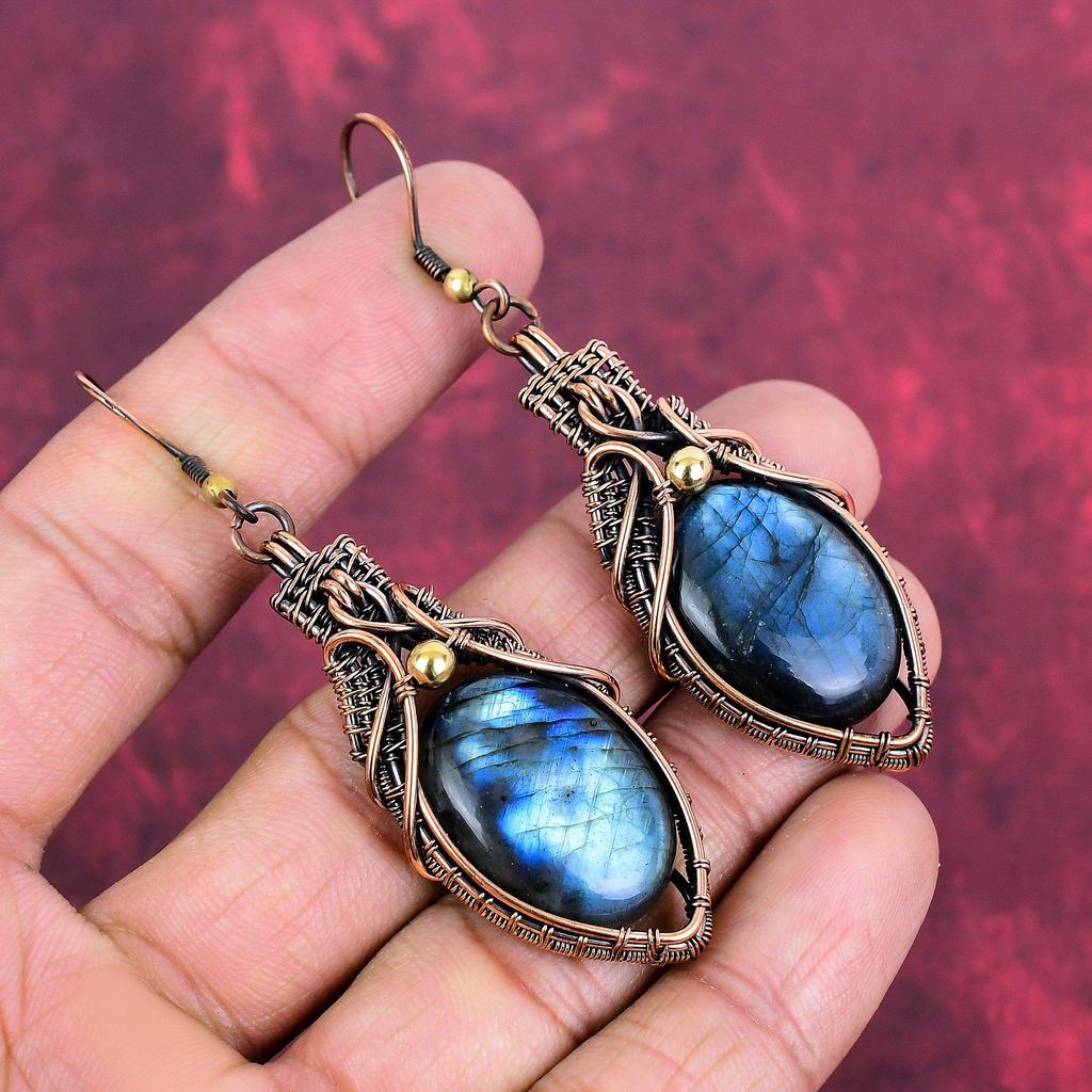Boucle d'oreille Labradorite Boucles d'oreilles Enroulées Fil de Cuivre Boucle d'oreille Faite à la Main Bijoux en Cuivre Boucle d'oreille Pierre Précieuse Authentique Bijoux Enroulés Fil Cadeaux Pour Ami