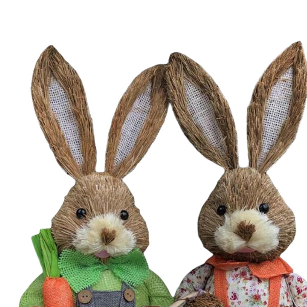 2 Pieces Easter Bunny Rabbit Straw Figures Decoration 35cm Tall Vivid and Lovely Lifelike Holiday Gifts Exquisite Craftsmanship