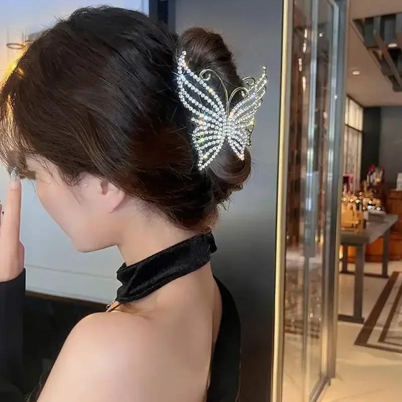 Pretty Bling Rhinestone Butterfly Hair Claw Clips Elegant Pearl Crab Barrette Headwear Ponytail Clip Hair Decor Accessories Gift