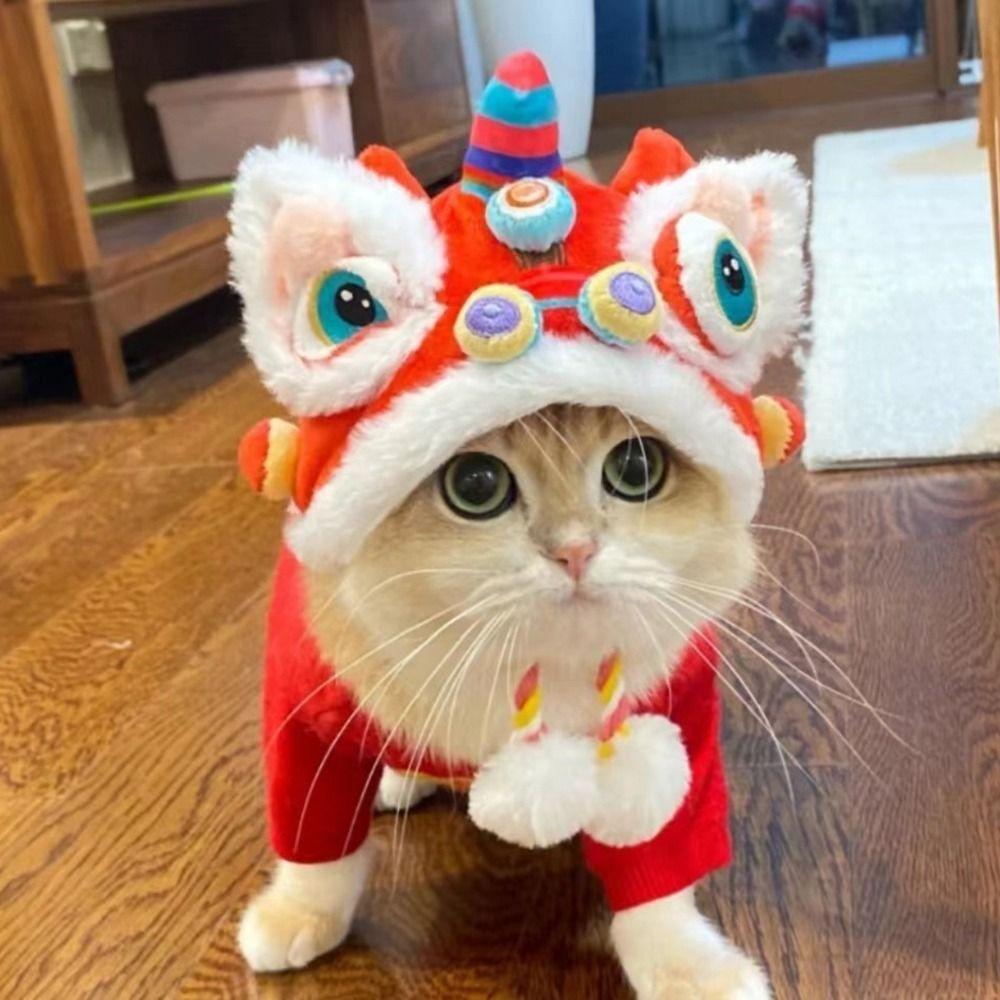 Soft Cat Dance Lion Hats Chinese Style Pet Christmas Costume Fashion Cute Plush Pet Caps Kitten