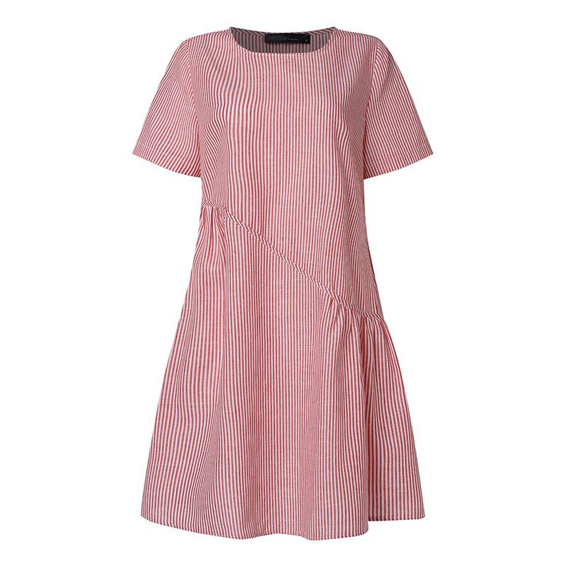 ZANZEA Damen Sommer Rundhals Kurzarm Casual Streifen Kleid