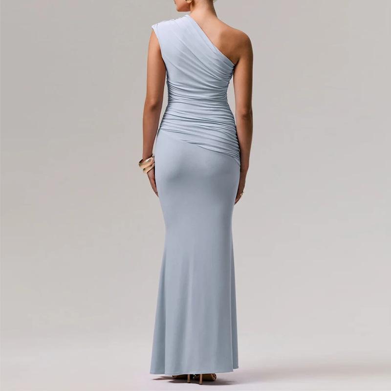 Elegante Abito Maxi Sexy Monospalla Arricciato Donna Moda Scollo Diagonale Senza Maniche Schiena Scoperta Bodycon Abito da Sera Club
