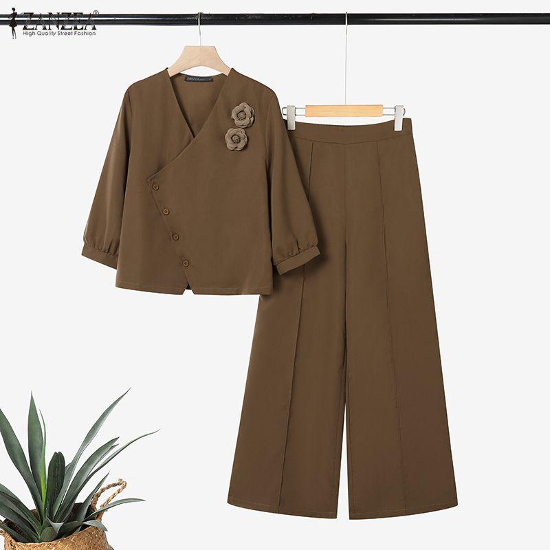 ZANZEA Women 3/4 Sleeve Blouse and Pants Casual Two Piece Suit Sets