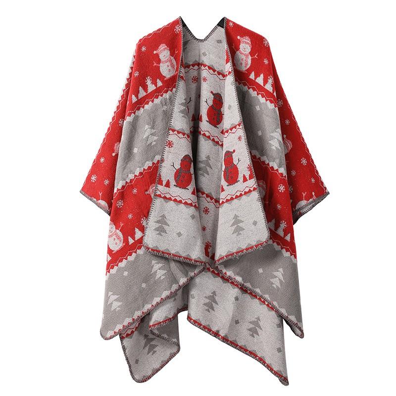 Womens Faux Cashmere Knit Cape Shawl With Slit Opening Ethnic Geometric Winter Wrap Scarf