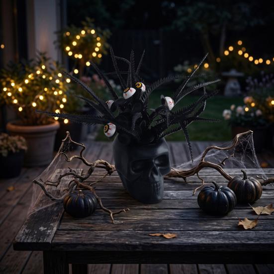 Spooky Skull Figurine, Black Red Rose Creepy Eyeballs Skeleton Halloween Table Centerpiece for Tabletop, Desk, Mantel, Shelf, Gothic Home Decor