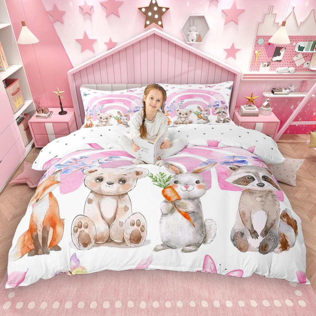 Homewish Cute Animal Duvet Cover Set 2Pcs/3Pcs For Kids Boys Girls Frog Dog Cow Bedding Set Rabbit Cat Fox Comforter Cover Set