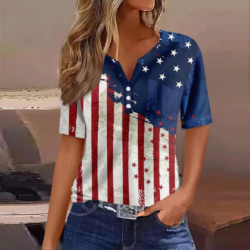 Women's T Shirt Tee Independence Day Print Button Short Sleeve Daily Weekend Fashion Basic V- Neck Regular Top