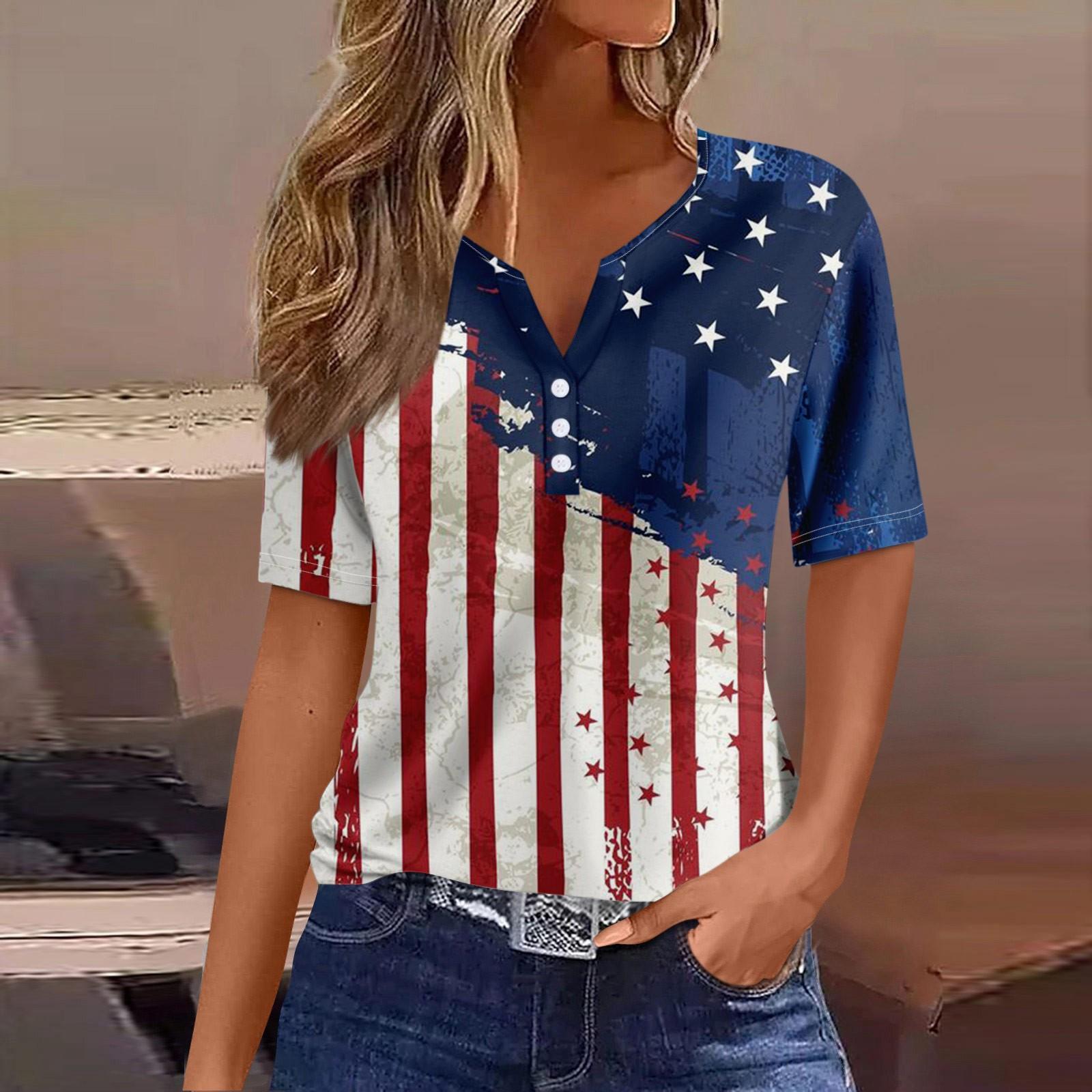 

Жен. Футболка Футболка День независимости С принтом Пуговицы С короткими рукавами Повседневные Выходные Мода Классический Классический V-образный вырез Обычный Топ S