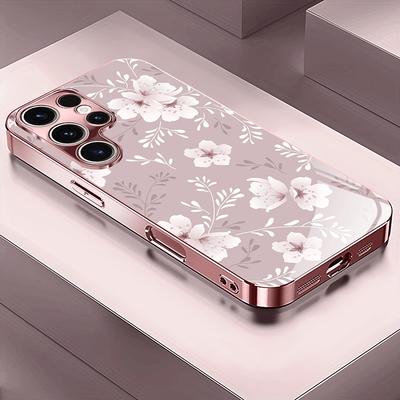 Cute Flower Pattern Pink Metallic Tempered Glass Phone Case For iPhone 17 16 15 14 13 12 11 Pro Max 15 Plus 17 Air 17E Cover