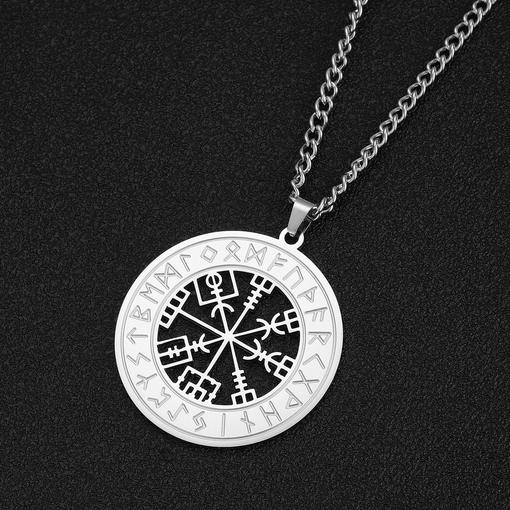 Viking Odin Runes Necklace Vegvisir Compass Pendant Stainless Steel Jewelry for Men Norse Symbol