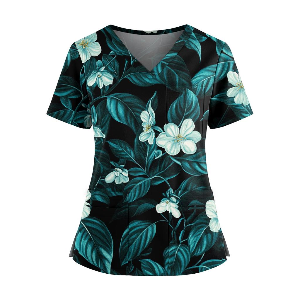 Damen Casual Bedrucktes V-Ausschnitt Taschen Seitennaht Schlitz Kurzarm Top