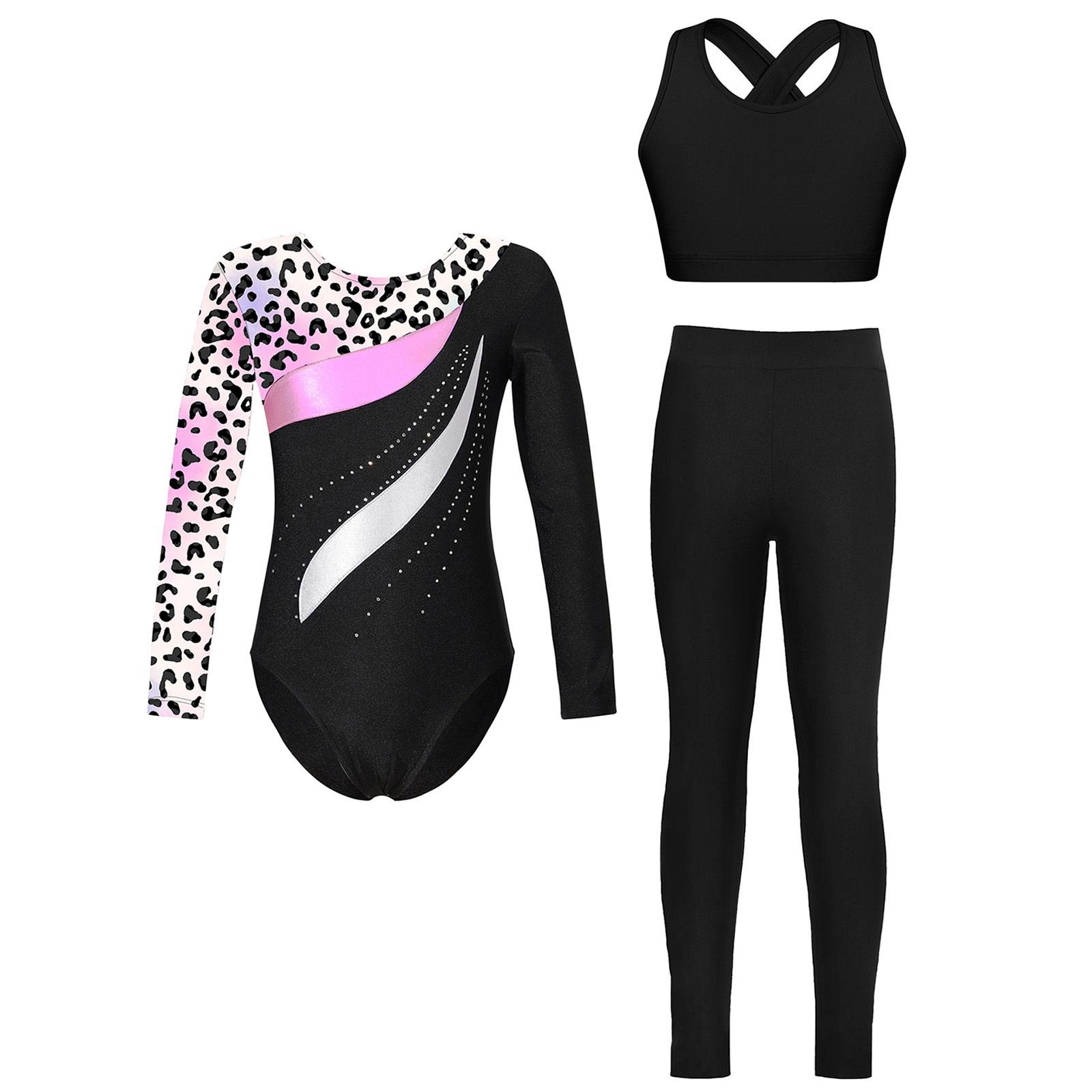 

3Pcs Set Girls Gymnastics Outfit Long Sleeve Metallic Patchwork Leotard with Cross Back Vest and Leggings 11-12 Years