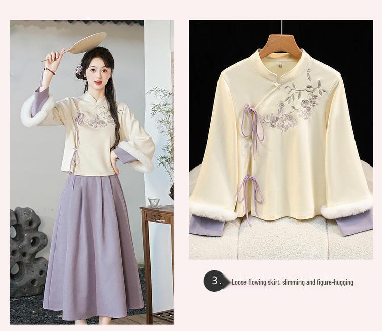 Autumn & Winter Retro Embroidered Deerskin Tang Suit: Women’s Improved Hanfu Tea Suit